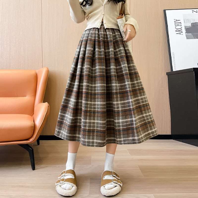 格子柄プリーツスカート ロング丈チェック