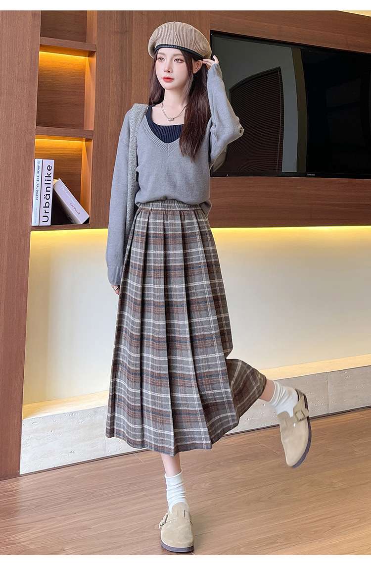 格子柄プリーツスカート ロング丈チェック