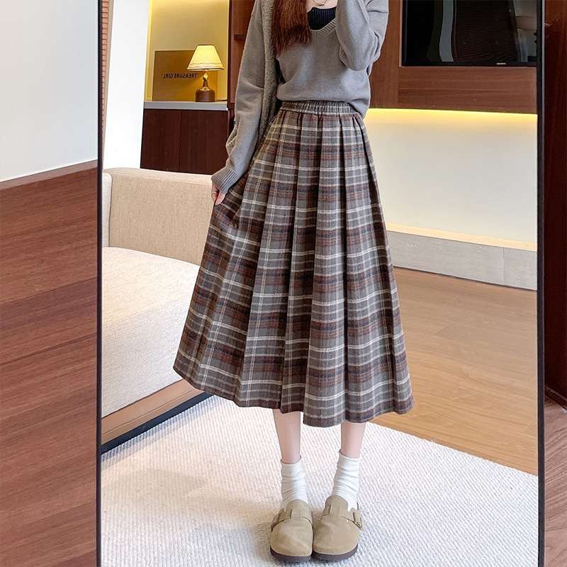 格子柄プリーツスカート ロング丈チェック