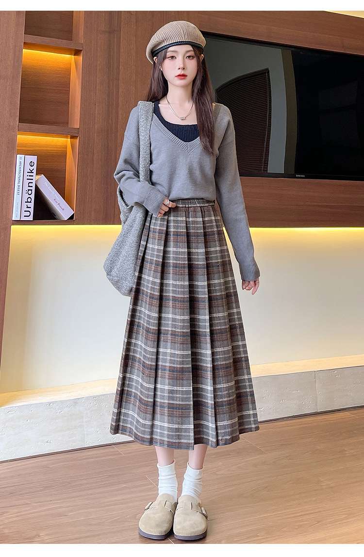 格子柄プリーツスカート ロング丈チェック