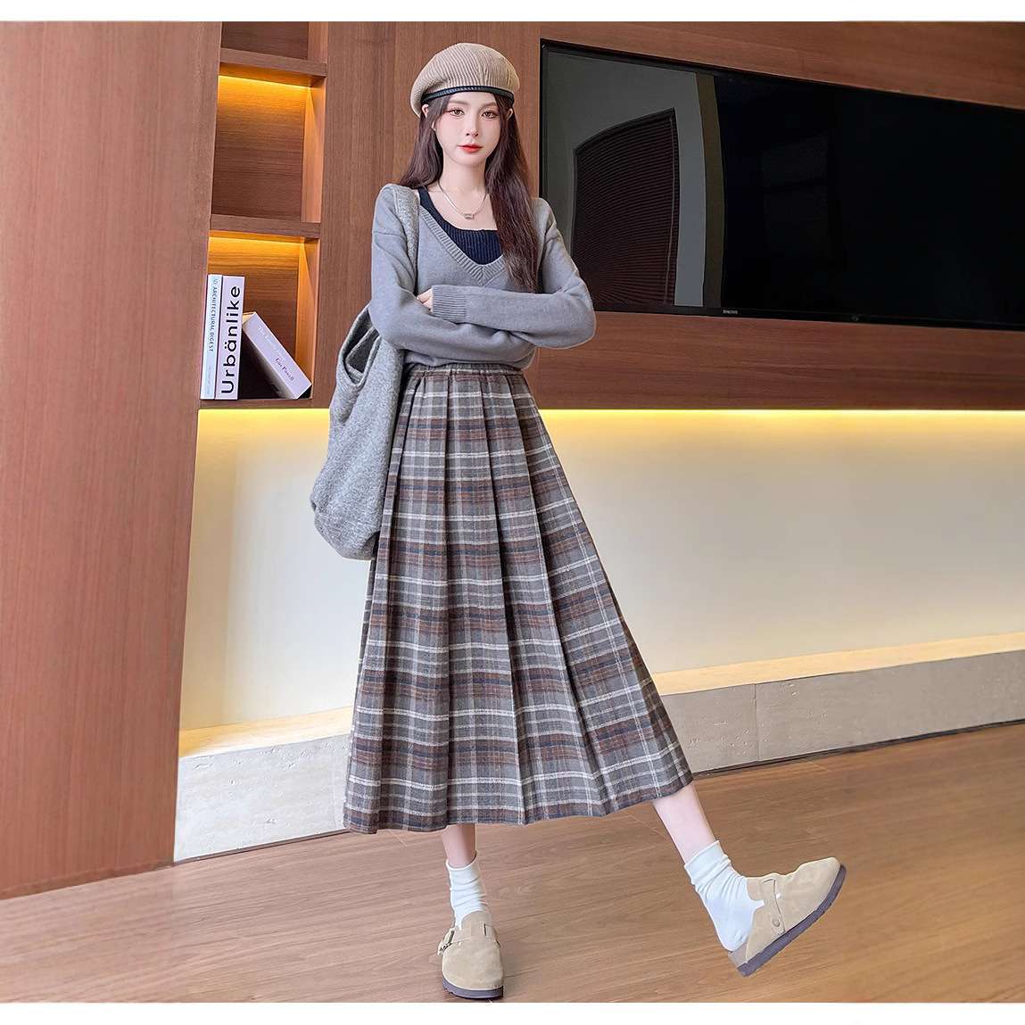 格子柄プリーツスカート ロング丈チェック