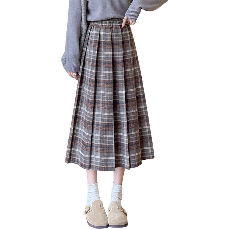 格子柄プリーツスカート ロング丈チェック