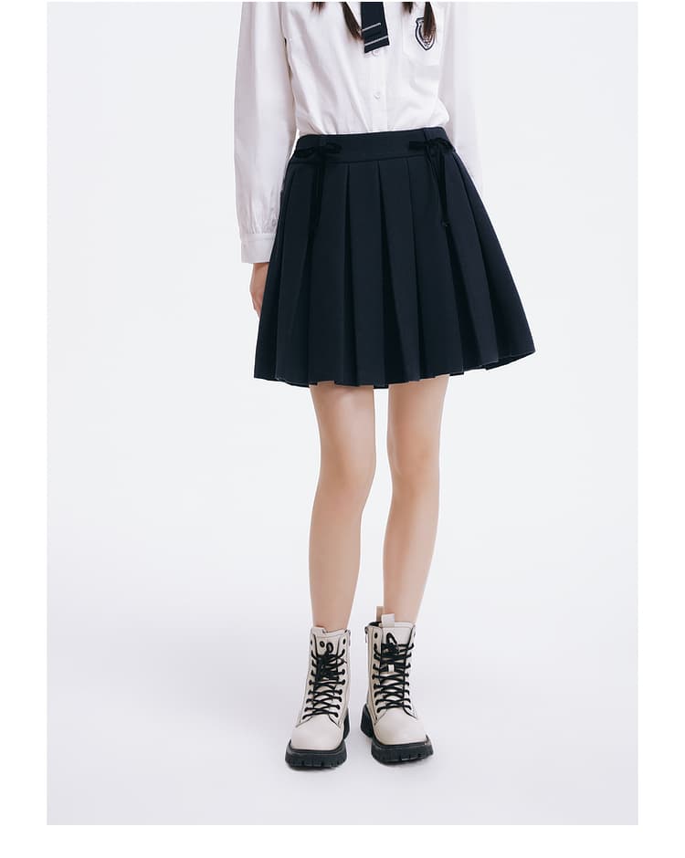 プリーツスカート リボン付き制服風プリーツミニスカート