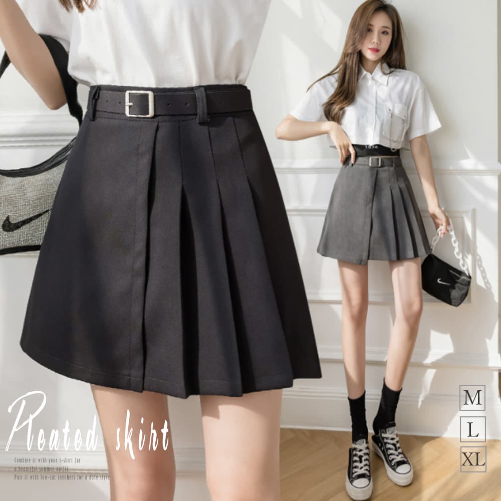 ベルト付きボックスプリーツミニスカート