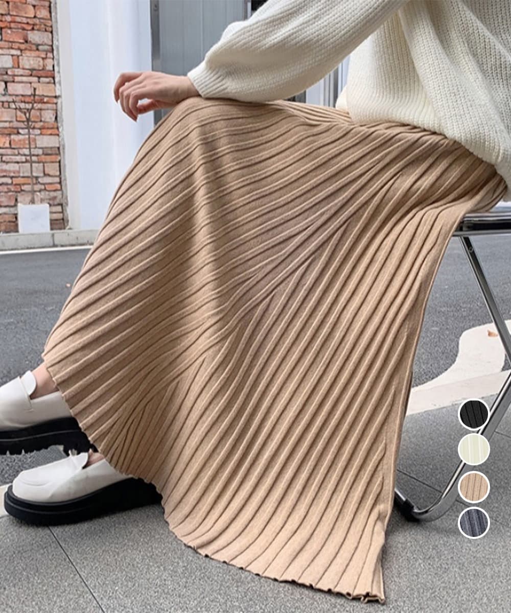プリーツスカート ニット素材 秋冬ロング丈