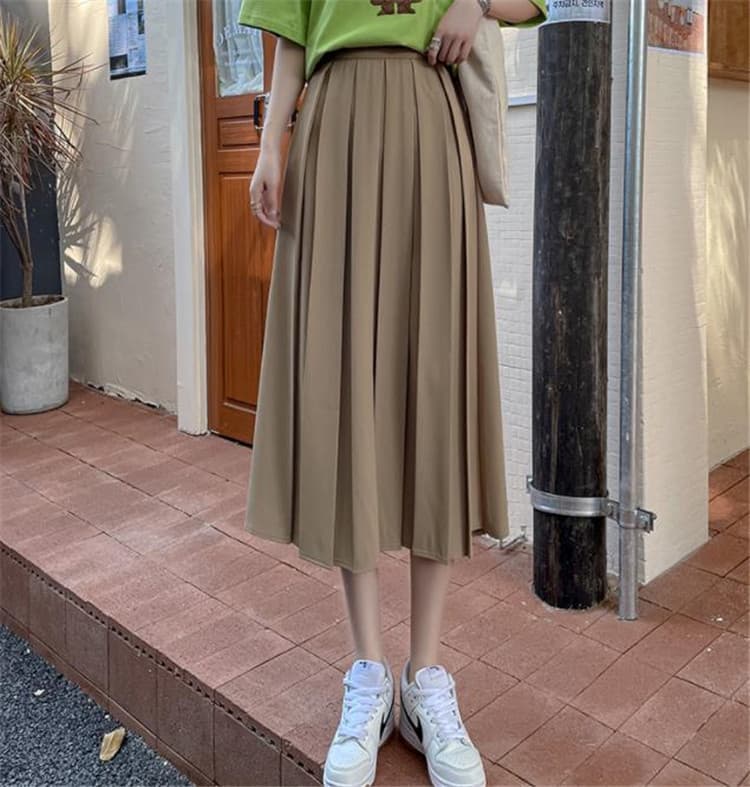 ハイウエスト プリーツスカート ロング丈 カーキ色