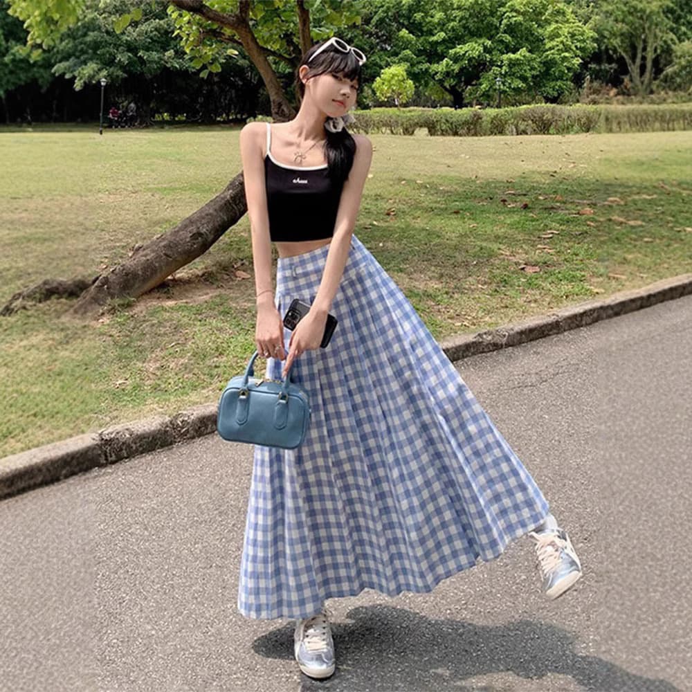 プリーツスカート 格子柄ふんわりプリーツロングスカート