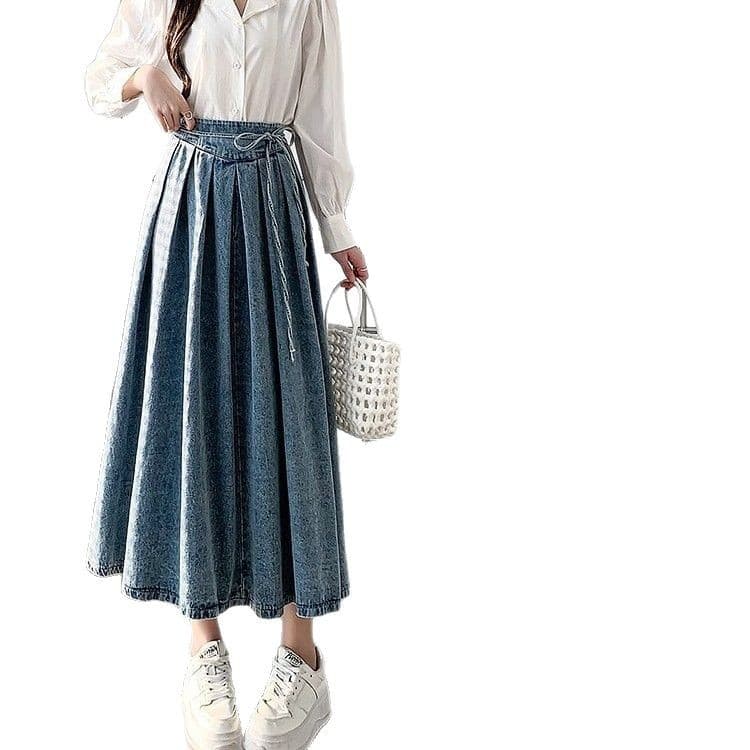 プリーツスカート ウエストリボン デニムプリーツスカート