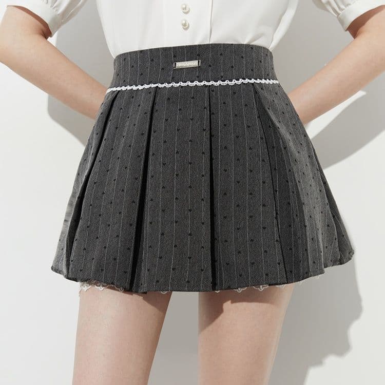 プリーツスカート リボン付き水玉ストライププリーツミニ