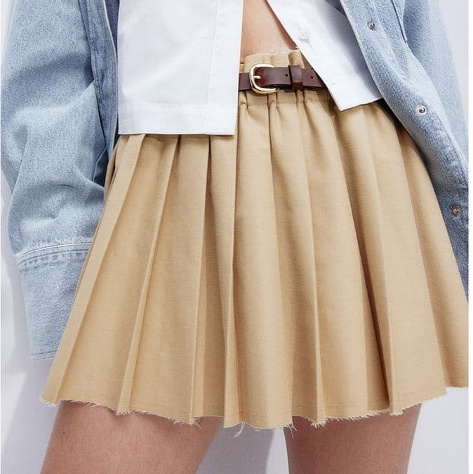 プリーツスカート 裾フリンジ ベルト付きプリーツミニ