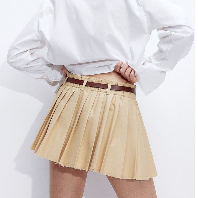 プリーツスカート 裾フリンジ ベルト付きプリーツミニ