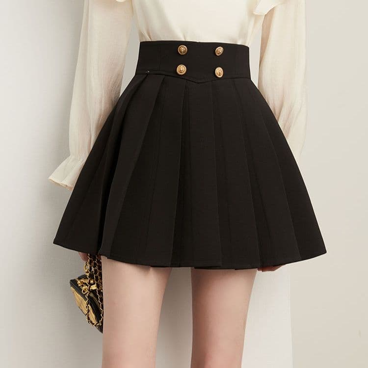 プリーツスカート 装飾ボタン付きハイウエストプリーツミニスカート