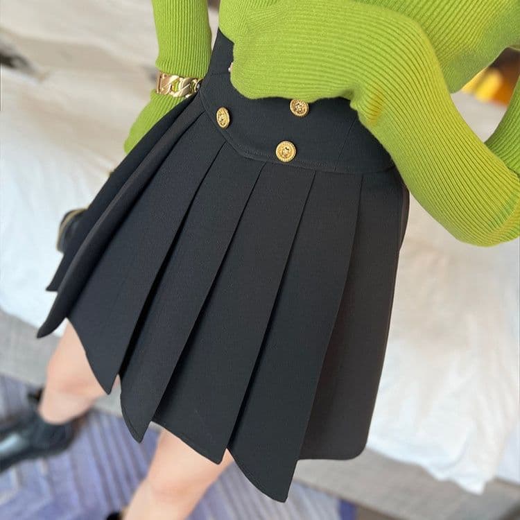 プリーツスカート 装飾ボタン付きハイウエストプリーツミニスカート