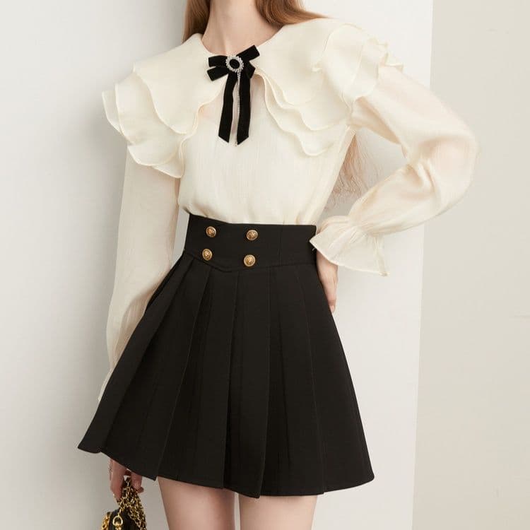 プリーツスカート 装飾ボタン付きハイウエストプリーツミニスカート