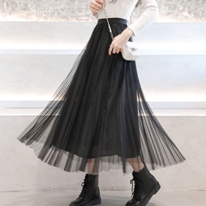 プリーツスカート 優美なチュールプリーツロングスカート