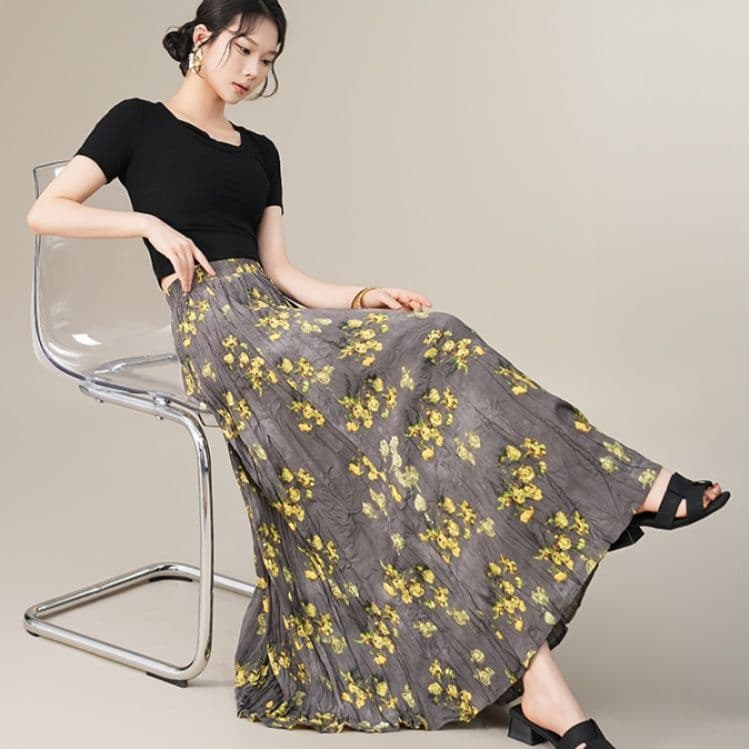 プリーツスカート 花柄デザインプリーツロングスカート