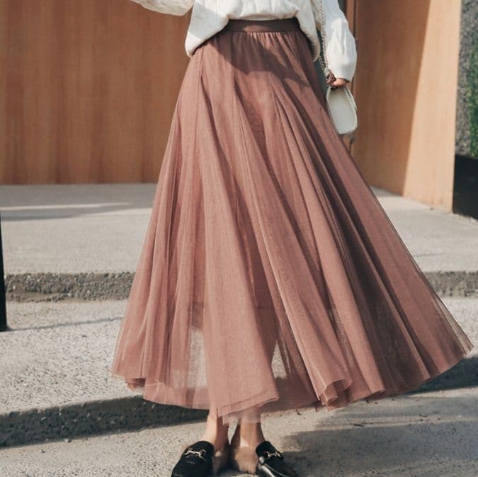 プリーツスカート 優雅なチュールプリーツロングスカート