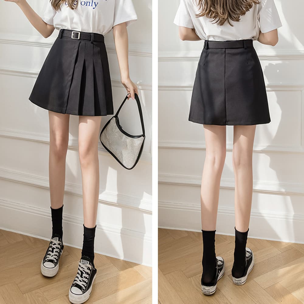 ベルト付きボックスプリーツミニスカート