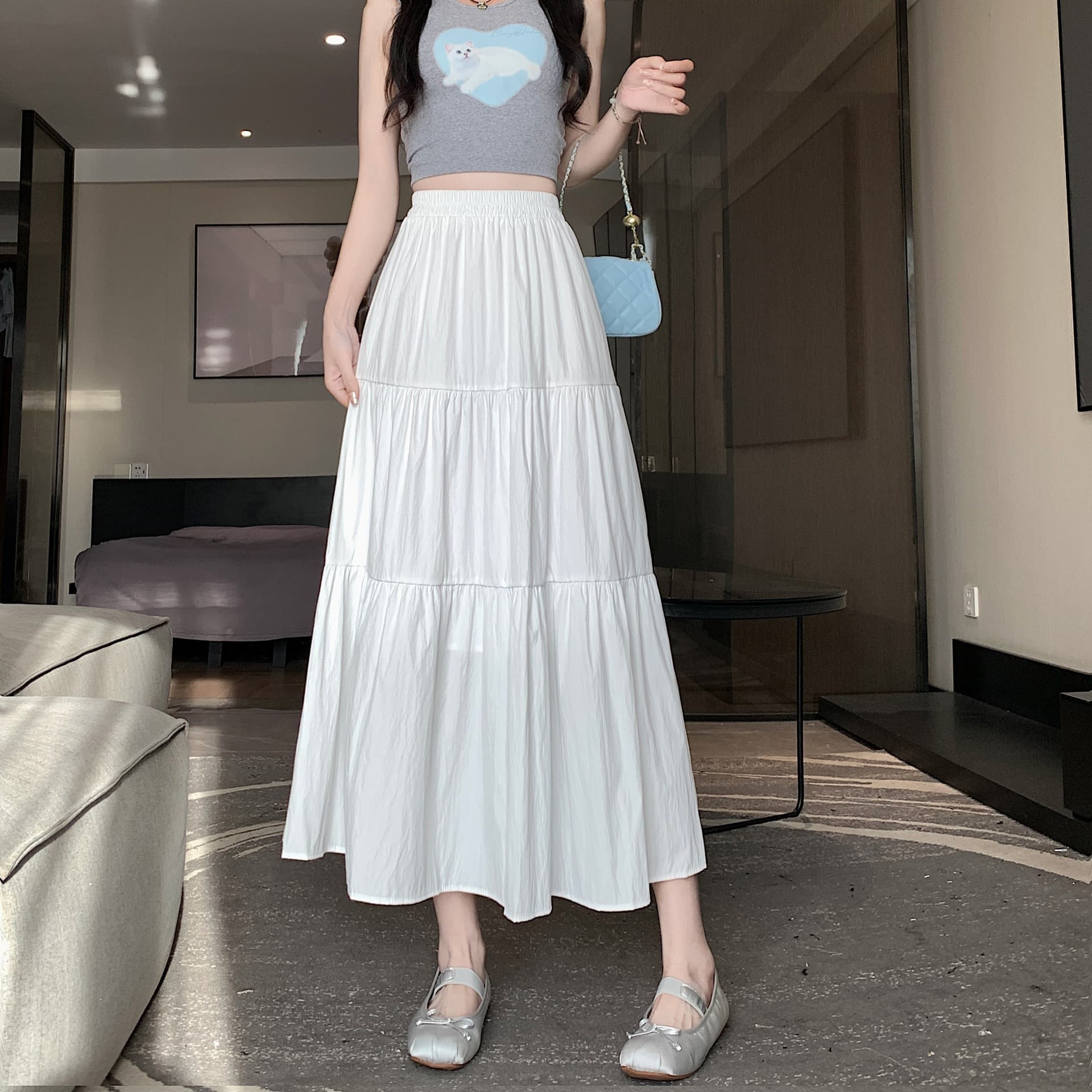 プリーツスカート 三段ティアードプリーツロングスカート