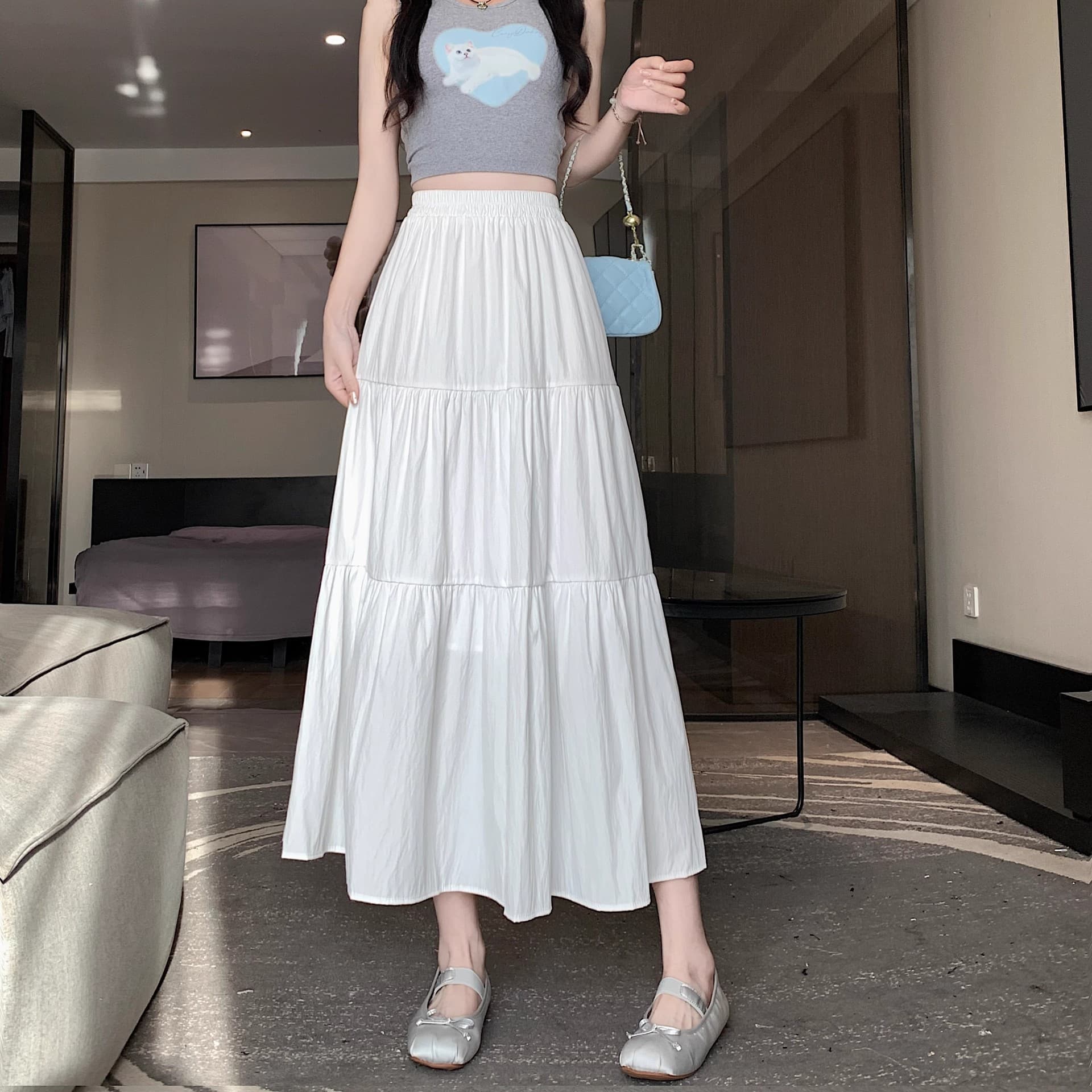 プリーツスカート 三段ティアードプリーツロングスカート