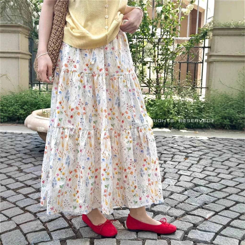 プリーツスカート 花園ティアードプリーツロングスカート