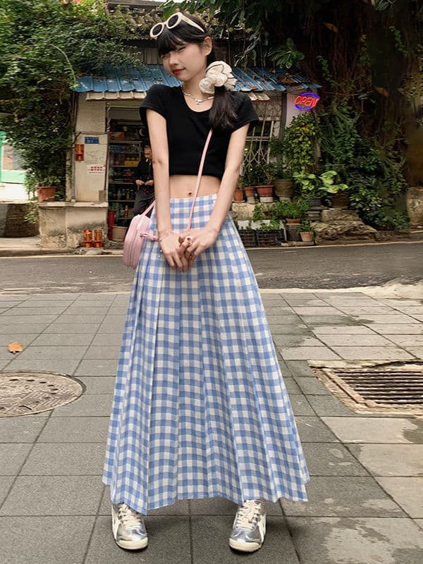 プリーツスカート 格子柄プリーツロングスカート