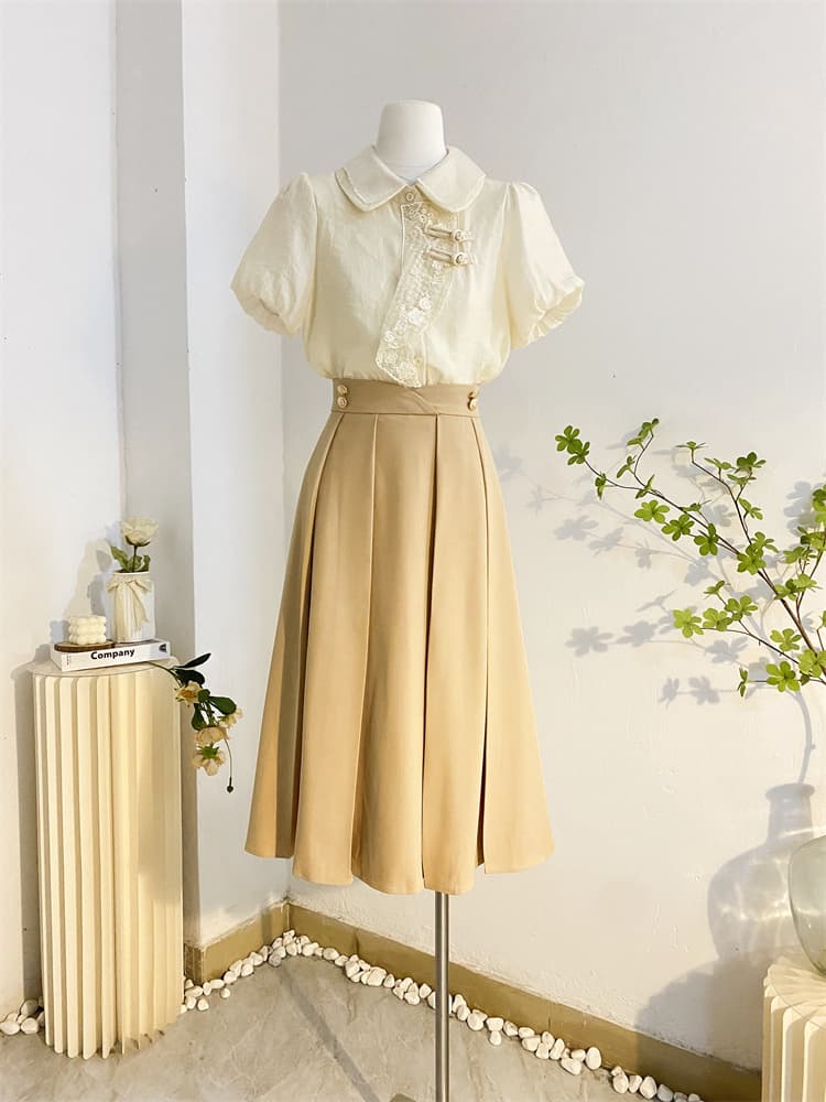 プリーツスカート 優雅なタックプリーツ膝丈スカート