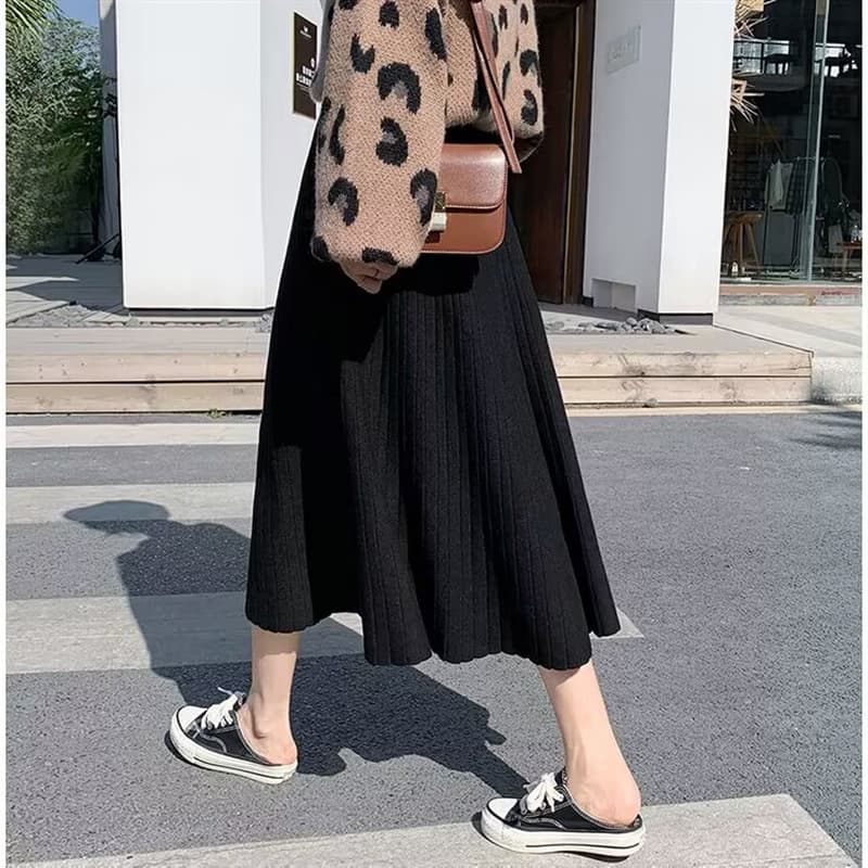 ニット素材プリーツスカート きれいめロング丈