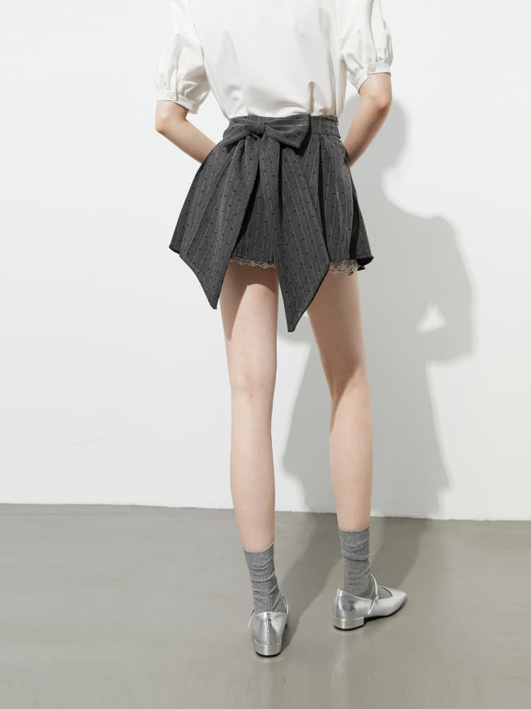 プリーツスカート リボン付き水玉ストライププリーツミニ