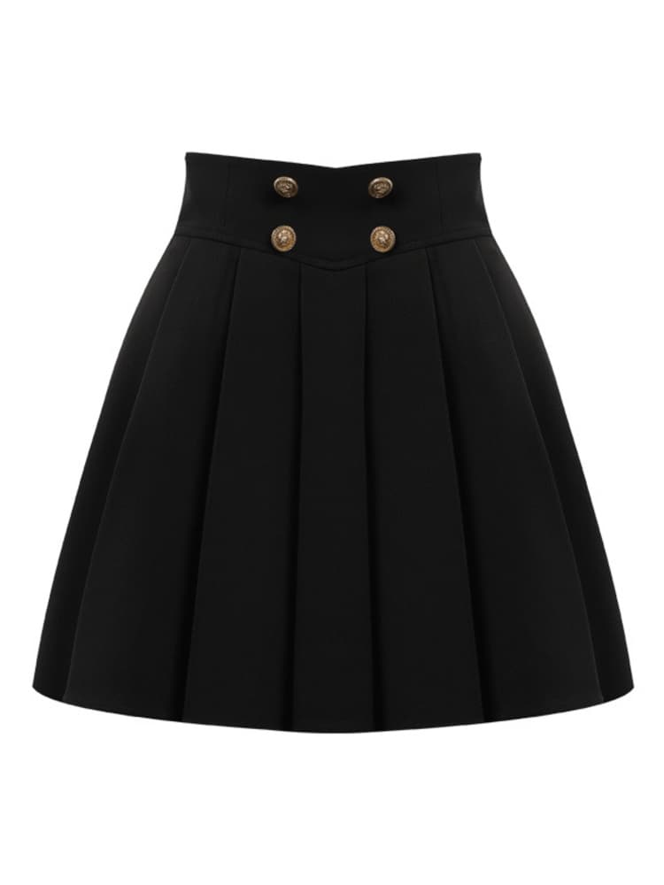 プリーツスカート 装飾ボタン付きハイウエストプリーツミニスカート