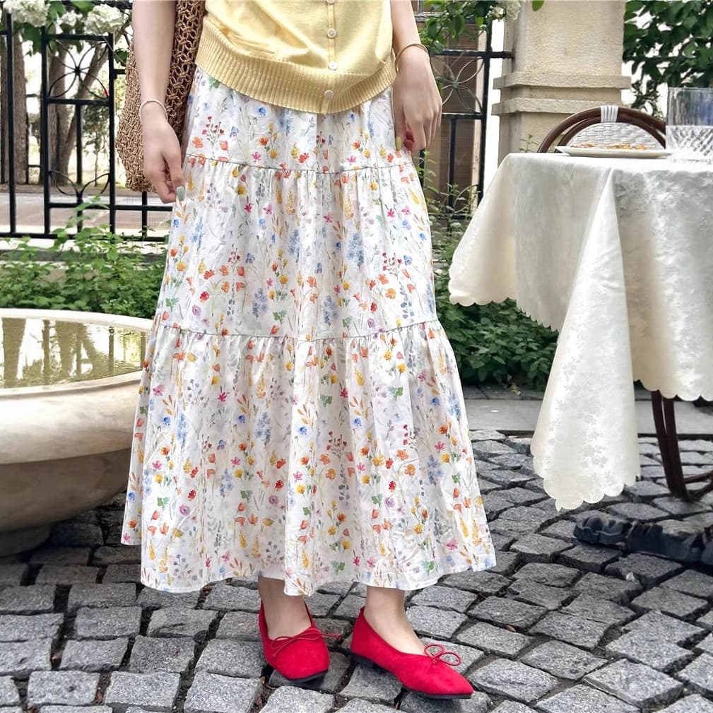 プリーツスカート 花園ティアードプリーツロングスカート