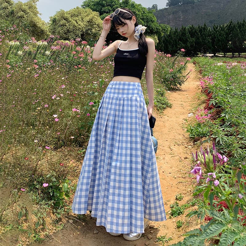 プリーツスカート 格子柄ふんわりプリーツロングスカート