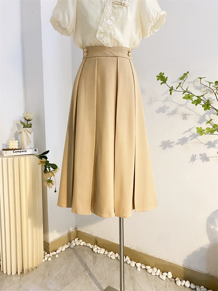 プリーツスカート 優雅なタックプリーツ膝丈スカート