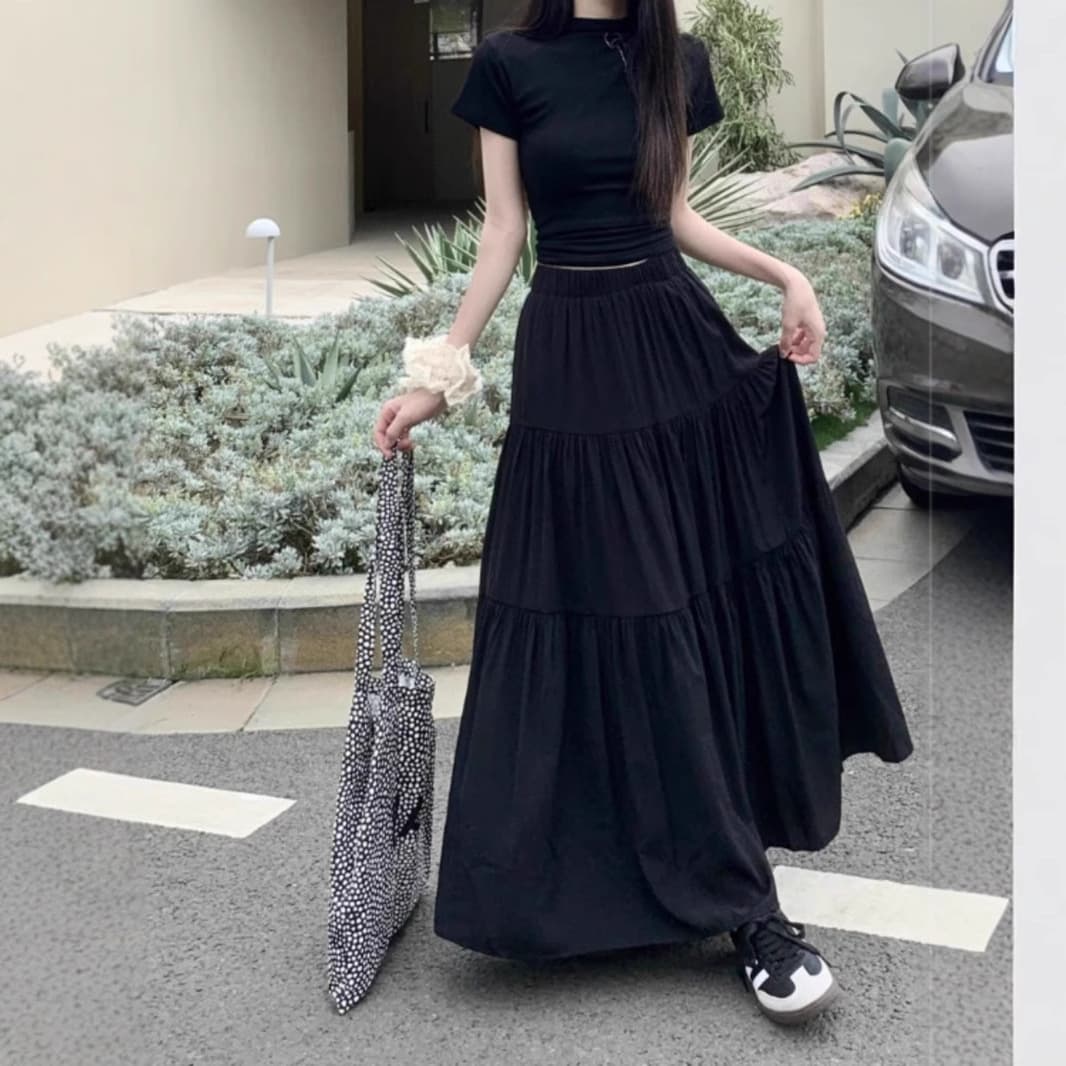 プリーツスカート 段々ティアードプリーツロングスカート