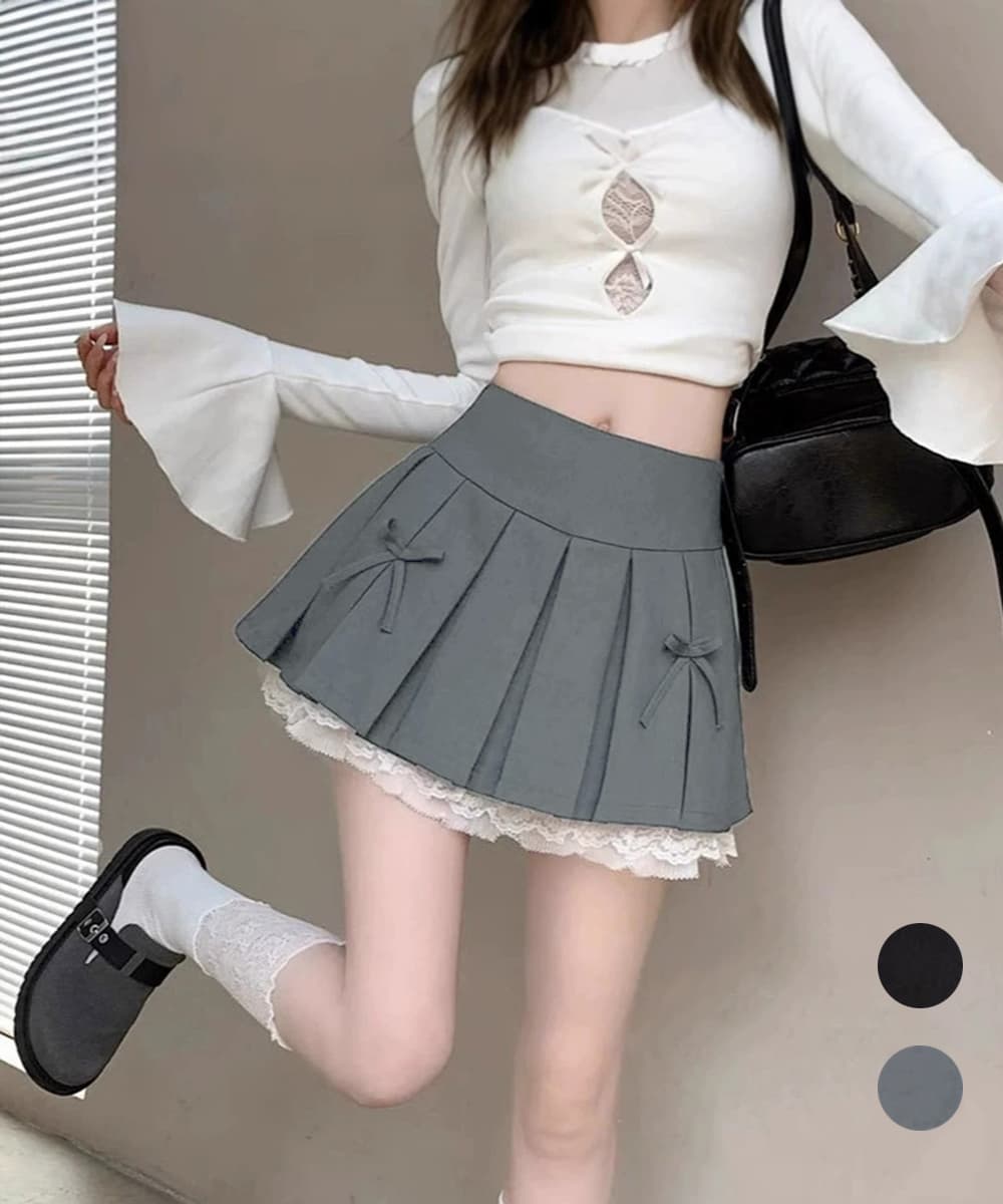 リボン付きボックスプリーツスカート レース裾ミニ丈