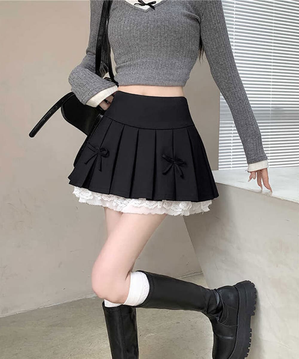 リボン付きボックスプリーツスカート レース裾ミニ丈