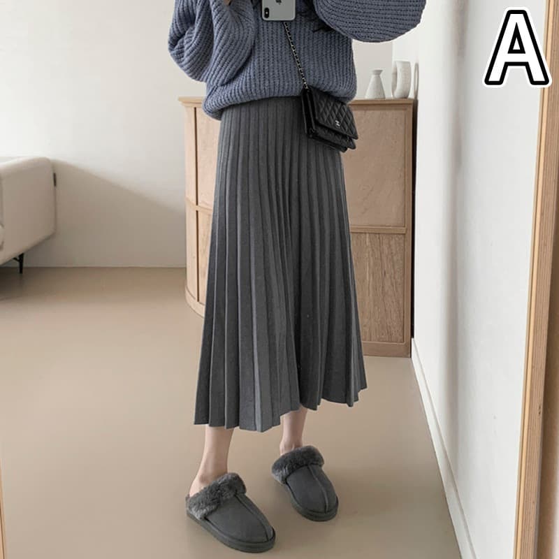 ハイウエストプリーツスカート ロング丈ニット厚手