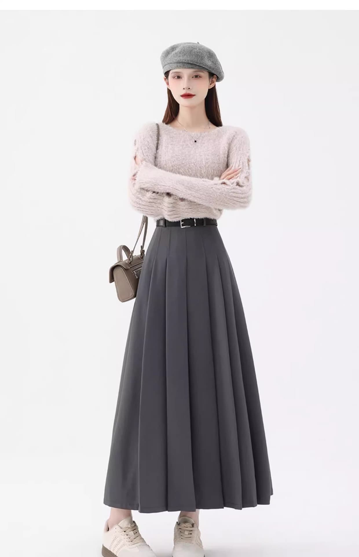 プリーツスカート ベルト付き優美プリーツロングスカート