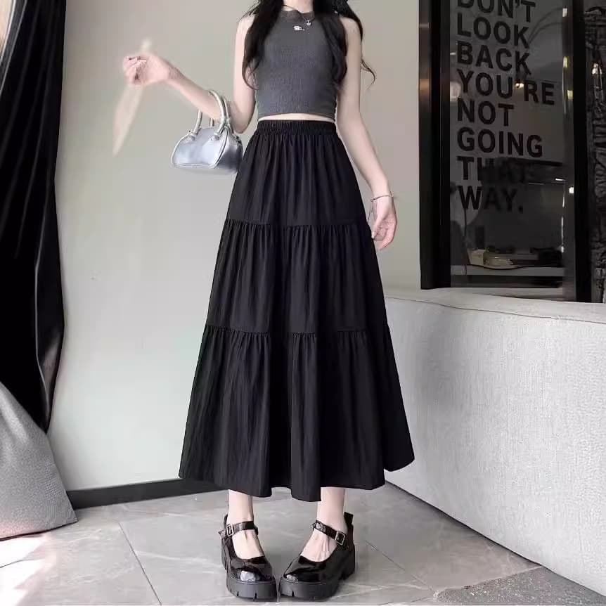 プリーツスカート 三段ティアードプリーツロングスカート