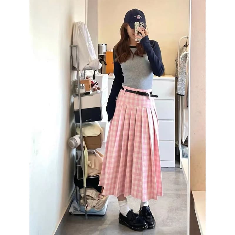 プリーツスカート 格子柄ふんわりプリーツロングスカート