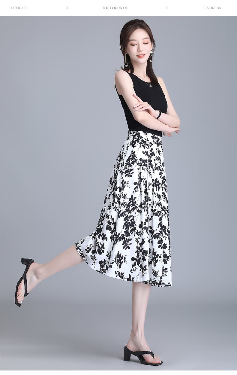 プリーツスカート 花柄優美プリーツスカート