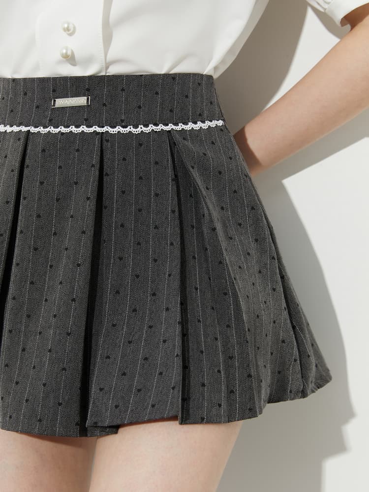 プリーツスカート リボン付き水玉ストライププリーツミニ