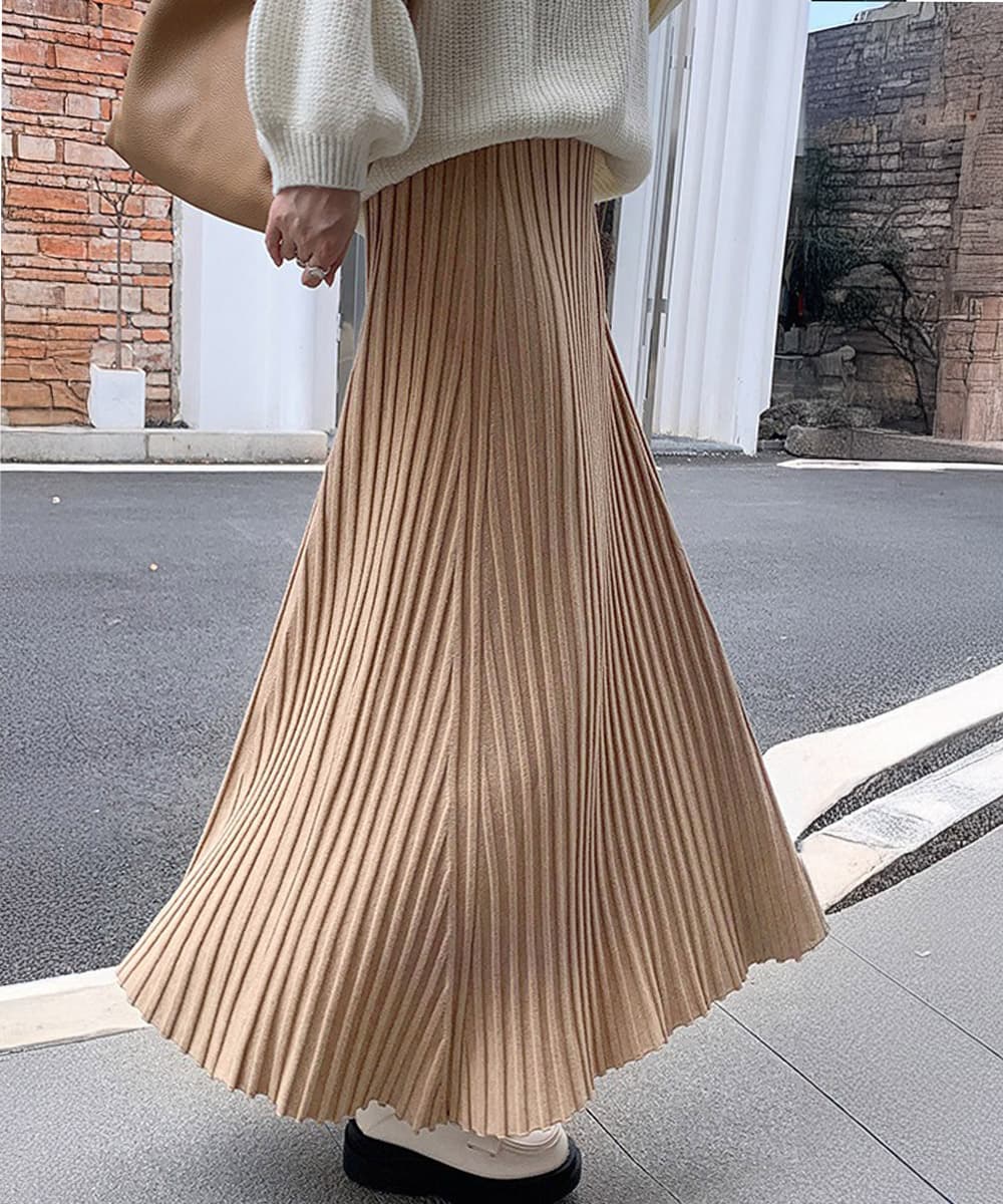 プリーツスカート ニット素材 秋冬ロング丈