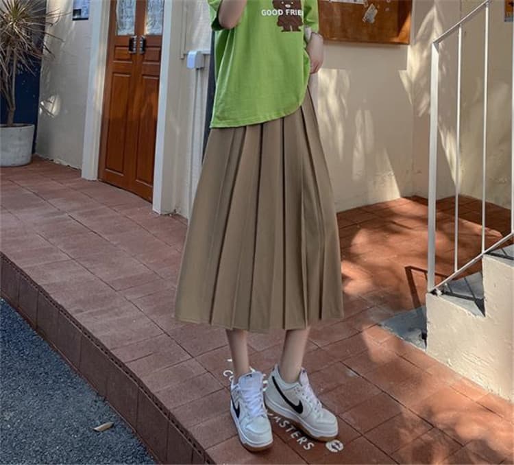 ハイウエスト プリーツスカート ロング丈 カーキ色