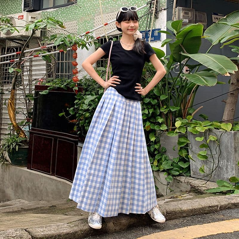 プリーツスカート 格子柄プリーツロングスカート