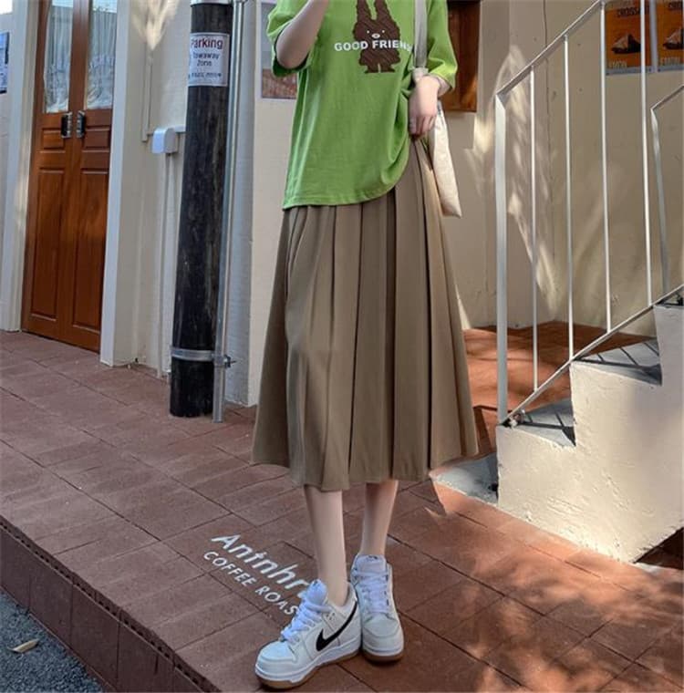 ハイウエスト プリーツスカート ロング丈 カーキ色