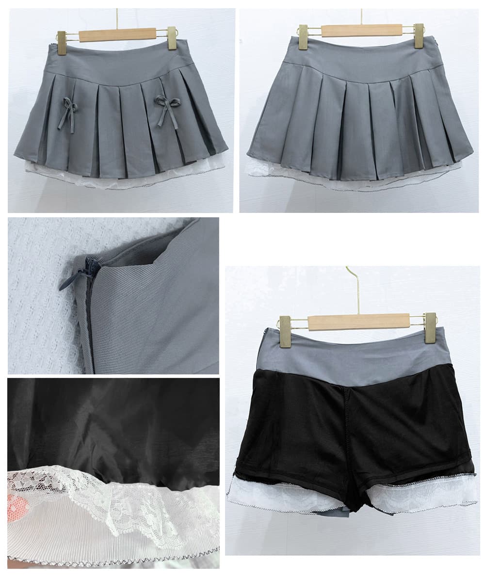 リボン付きボックスプリーツスカート レース裾ミニ丈