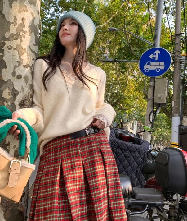 チェック柄プリーツスカート ハイウエスト膝丈