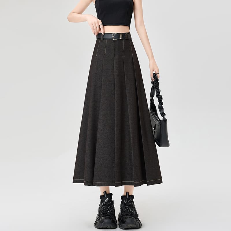 プリーツスカート ベルト付きフレアプリーツロングスカート