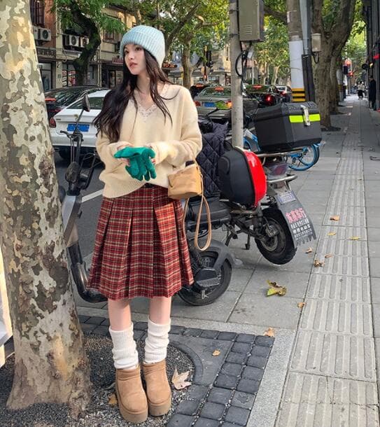 チェック柄プリーツスカート ハイウエスト膝丈